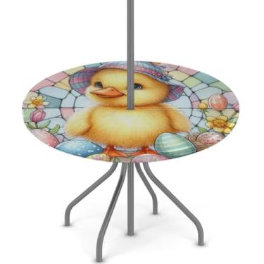 Imagem de hongjinglin Toalha de mesa de Páscoa para uso ao ar livre com orifício para guarda-chuva, toalha de mesa redonda elástica com zíper, impermeável, limpável, para piquenique, festa, pátio, serve para