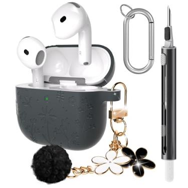 Imagem de Seltureone Capa fofa compatível com AirPods 4 com chaveiro de flor de cerejeira e kit de limpeza, capa de silicone macio à prova de choque com gravação de flores compatível com AirPod 4 - cinza escuro
