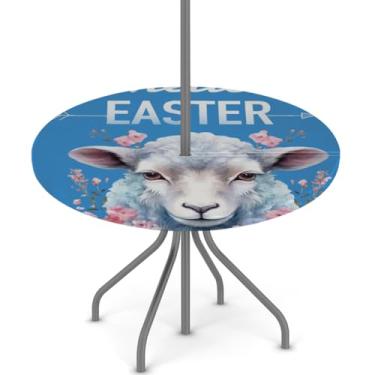 Imagem de hongjinglin Toalha de mesa de Páscoa para uso ao ar livre com orifício para guarda-chuva, toalha de mesa redonda elástica com zíper, impermeável, limpável, para piquenique, festa, pátio, serve para