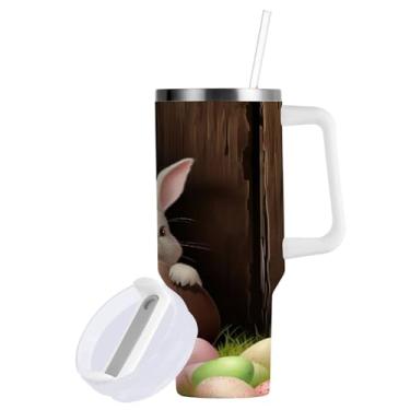 Imagem de Blueangle Copo de coelho da Páscoa de 850 g com alça e tampa de palha, copo isolado reutilizável de aço inoxidável garrafa de água caneca de viagem (78)