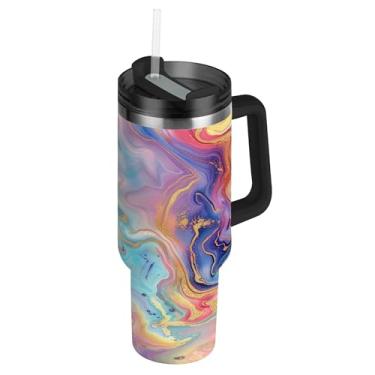Imagem de SEHANY Copo colorido com padrão de mármore de 850 g com tampa e canudo, aço inoxidável de vácuo duplo isolado garrafa de água esportiva suporte para copo de café de viagem à prova de vazamento para