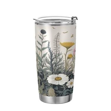 Imagem de xigua Copo de flores silvestres de jardim aquarela com tampa de palha, caneca de viagem a vácuo de parede dupla, caneca de café bem isolada, copo de aço inoxidável para bebidas quentes e frias, 600 ml