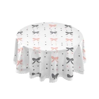 Imagem de SEHANY Toalha de mesa redonda com laço rosa de 152 cm, tecido lavável sem rugas, toalha de mesa decorativa de renda para restaurante, casamento, acampamento, festa de cinco de maio