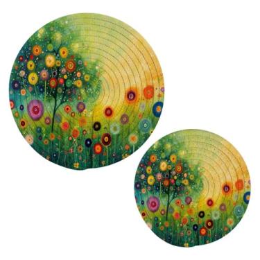 Imagem de Blueangle 2 peças de suporte de panela para pintura de flores coloridas - conjunto de pegadores de panela de tecido redondo - almofadas quentes trançadas de algodão - porta-copos - tapetes de mesa