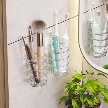 Imagem de Suporte de ferramentas de cabelo espiral montado na parede, organizador de banheiro adesivo para escova de dentes e pincéis de maquiagem, aço inoxidável, 8 x 7 cm (2)