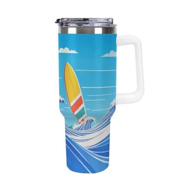 Imagem de Copo de carro de grande capacidade de 1,134 g, copo Stanley com ondas e prancha de surfe, copo de café isolado a vácuo, selado para suporte de copo de carro e ao ar livre, à prova de vazamento e