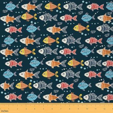 Imagem de jejeloiu Tecido de peixe colorido da The Yard Engraçado Vintage Tecido de estofamento para cadeiras, animais marinhos, impermeável, decoração interna e externa para projetos de artesanato de costura