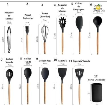 Imagem de Kit 12 Peças de Utensílios para Cozinha em Silicone e Bambu, Preto e Madeira, com Suporte