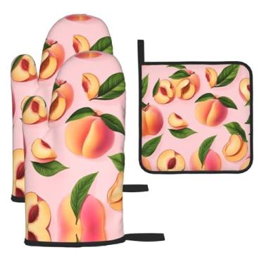 Imagem de Peach – Conjunto essencial de cozinha com 3 peças, luvas seguras para calor e aderência de tampa, proteção para churrasco no forno, design de armazenamento suspenso.