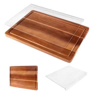 Imagem de Conjunto de 2 tábuas de corte – Tábua de corte de madeira de acácia e acrílico com borda de balcão para cozinha, tábua de cortar de madeira com ranhuras de suco para legumes, frutas, carne