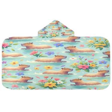 Imagem de Burbuja Capybara Toalha de banho com capuz para crianças, toalha de praia de pelúcia macia absorvente para meninas e meninos 3-10 anos, 61 x 127 cm