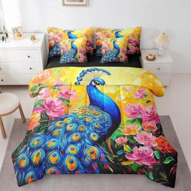 Imagem de Erosebridal Conjunto de cama solteiro de pavão para crianças, meninos, meninas, flores rosa, plantas de jardim, 7 peças, animais selvagens, floral, botânico, em uma bolsa, azul-petróleo e animais da