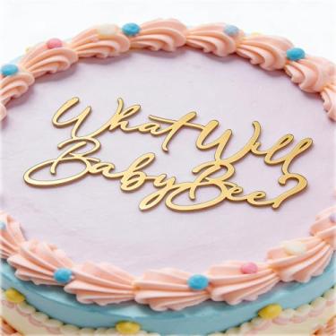 Imagem de Topo de bolo dourado para chá de bebê, "What Will Baby Bee?" Decoração de festa reveladora de gênero, decorações de acrílico com tema de abelha dupla face, sinal de chá de bebê/menino ou menina