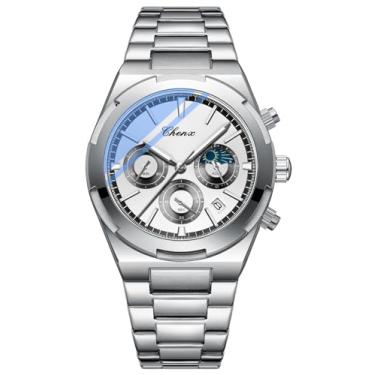 Imagem de Reginald Relógio masculino casual, moderno, negócios, quartzo, cronógrafo, aço inoxidável, impermeável, relógio esportivo, Branco, Tendência