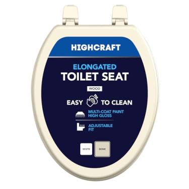 Imagem de HIGHCRAFT Assento de vaso sanitário alongado com dobradiças ajustáveis - Assento sanitário de madeira moldada - Serve para vasos sanitários alongados padrão - Assento oval em osso/bege