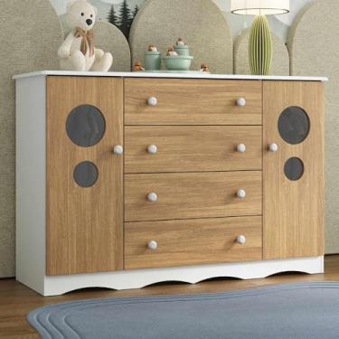 Imagem de Cômoda Infantil 125cm 2 Portas com Vidro e 4 Gavetas Sonho Multimóveis Mp4475 Branco/madeirado