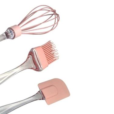 Imagem de Conjunto de Utensílios de Cozinha em Silicone, Rosa, 3 Peças, Batedor, Pincel e Espátula, Cabo Transparente
