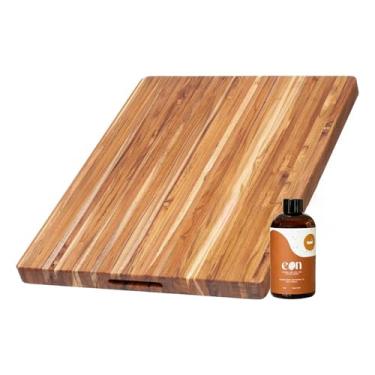 Imagem de Teakhaus Conjunto de óleo para tábuas de corte e tábua de cortar - Inclui tábua de corte de madeira grande (L) com alças de aderência e óleo mineral de grau alimentício EON - Adequado para facas