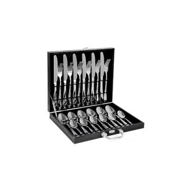 Imagem de Conjunto de Talheres 24 Peças em Aço Inoxidável com Maleta Preta, Acabamento Espelhado, Inclui Facas, Garfos, Colheres de Mesa e Sobremesa