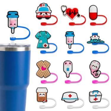 Imagem de 12 peças de cobertura de canudo de enfermeira, capas de canudo de silicone de 10 mm para copos, lindos e reutilizáveis, à prova de derramamento, à prova de poeira, tema médico, canudos, tampas de