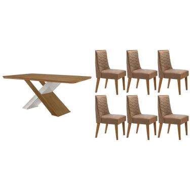 Imagem de Sala Jantar Mesa Imperatriz Tampo Curvo 180cm+6 Cadeiras Dafne Madeira Naturale/Off White - Capuccino/Linho Capuccino - Rufato