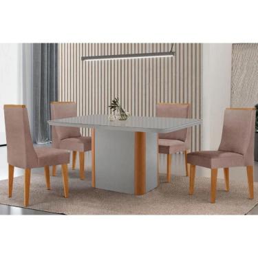 Imagem de Sala Jantar Mesa Pietá Tampo c/ Vidro Curvo 120cm+4 Cadeiras Dakota Madeira Naturale/Off White - Capuccino/Linho Capuccino - Rufato