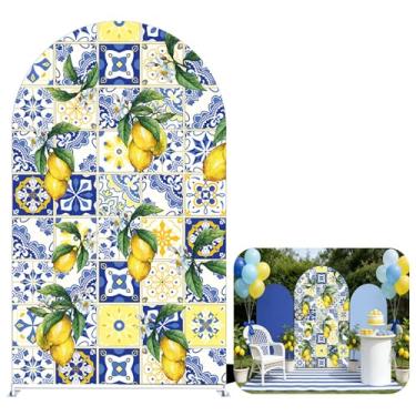 Imagem de NIVIUS PHOTO Fundo de arco de limão mediterrâneo, decoração de festa de azulejo azul e amarelo para eventos internos/externos, fundo de cabine de fotos de aniversário (16 x 9 cm, ZUS-Arch-GX-1180)