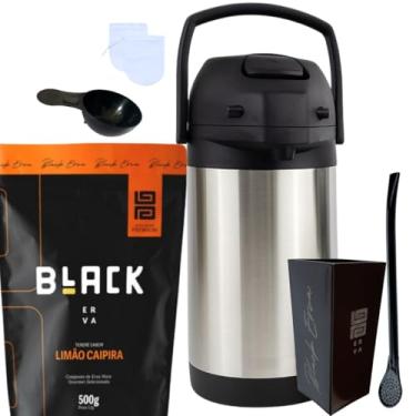 Imagem de Kit Tereré Black Erva Mate 500g Garrafa Térmica 2,5L Copo Acrílico 270ML e Bomba de Ferro (LIMÃO CAIPIRA)