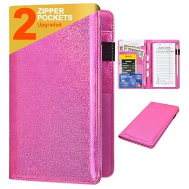 Imagem de Livros de servidor para garçonete – carteira de garçom de couro com glitter com bolso com zíper, lindo livro de garçonete e organizador de garçonete com bolso para dinheiro avental de servidor (rosa