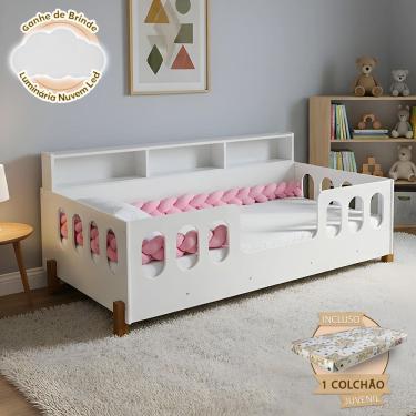Imagem de Cama Infantil em Mdf Nina com Colchão + Enxoval Completo Trança Rosa 2,5m Acompanha Nuvem Led