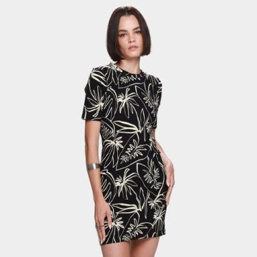 Imagem de Vestido Curto Colcci Folhagens Feminino, Preto, Off white, G