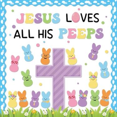 Imagem de Conjunto de quadro de avisos religioso da Páscoa com cruz Jesus ama todos os seus quadros de avisos, decorações de sala de aula, cruz roxa, desenhos de ovos de coelho coloridos para escola dominical