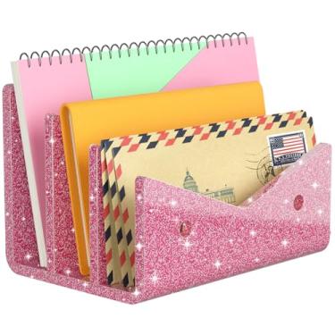 Imagem de Rulyyo Porta-envelope organizador de correio - 3 compartimentos com glitter rosa acrílico suporte de correio bancada, organizador de mesa, pequeno arquivo, caderno de documentos, classificador de