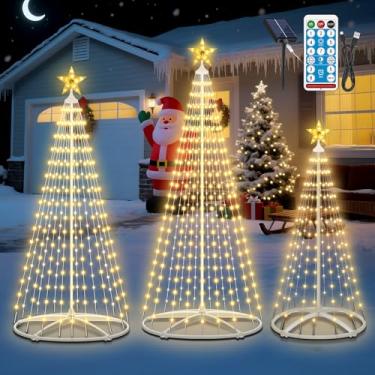 Imagem de Árvore de Natal solar ao ar livre, 3 peças de árvores de Natal de LED com controle remoto, conjunto de vários tamanhos de 1,5 m/1,8 m/2,3 m, 8 modos, IP65 à prova d'água, backup USB, ligar/desligar