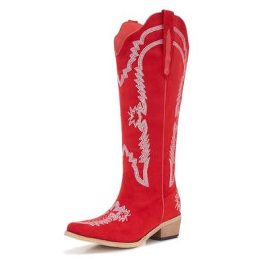 Imagem de Botas caubói femininas extra largas na altura do joelho com zíper lateral e bordado branco, botas cowgirl de camurça vermelha com salto médio estilo clássico ocidental, Vermelho, 12 X-Wide