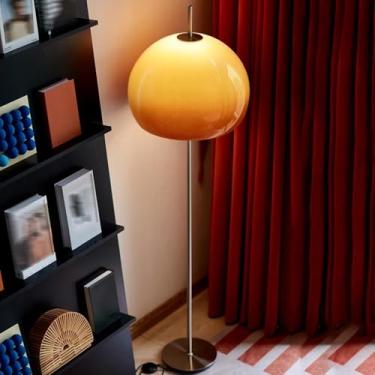 Imagem de MIXL - Candeeiro de chão de cogumelo laranja, luminária de chão cromada com interruptor de pé, lâmpada de pé regulável com cúpula, lâmpada de leitura moderna de meados do século para sala de estar