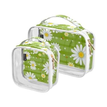 Imagem de GAIGEO Conjunto de 2 sacos de higiene pessoal transparentes, tabuleiro de xadrez verde com margaridas brancas, conjunto de bolsas transparentes para viagem, Margaridas rosa em verde - 1, one size