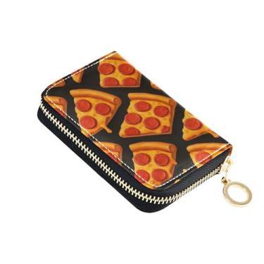 Imagem de Carteira minimalista feminina pequena com bloqueio de RFID, porta-cartões, fatias fofas de desenho animado pizza preta para trocar moedas com zíper