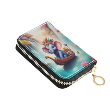 Imagem de Carteira feminina de elefante azul extravagante com zíper e bloqueio de RFID, porta-cartões de crédito, carteira de couro para viagem e dinheiro com bolso para moedas