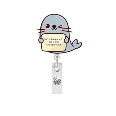 Imagem de Carretel de crachá fofo incentiva ativamente o idioma suporte de crachá animal positivo retrátil clipes jacaré de acrílico para professores acessórios de enfermeira assistente social material de