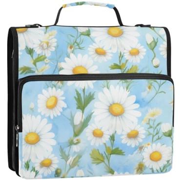 Imagem de Margaridas brancas, folhas verdes, 3 anéis, 3 anéis, fichário com zíper, bolsa organizadora com alça para armazenamento de trabalho escolar, pasta de portfólio com alça, 34,5 x 31,5 x 9 cm