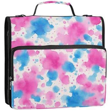 Imagem de Organizador de fichário com zíper, aquarela, salpicos azuis, branco, 3 argolas de 3,8 cm, bolsa escolar durável com alça de ombro, portfólio e estojo para pasta de anel, 34,5 x 31,5 x 9 cm