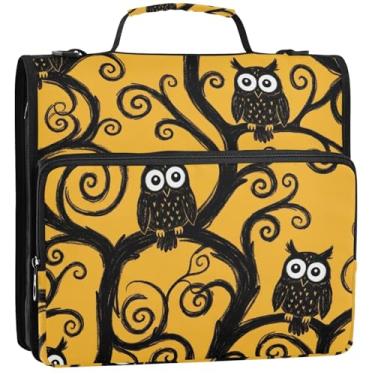 Imagem de Organizador de fichário artístico de coruja preta com zíper de 3,5 cm, 3 anéis, bolsa escolar resistente com alça de ombro, vários bolsos, pasta grande, 34,5 x 31,5 x 9 cm