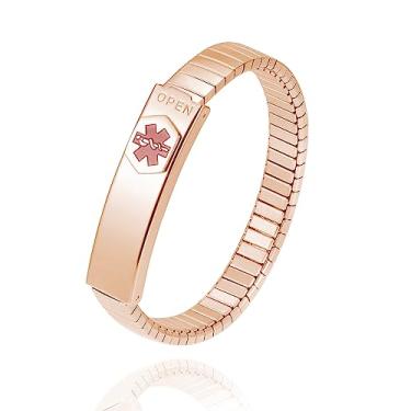 Imagem de EnerMagiX Pulseira de alerta médico para mulheres, 17,5 cm de aço inoxidável personalizada pulseira elástica de identificação médica para diabetes, alergias, epilepsia, cartões graváveis, 6.88inch, Aço inoxidável, Sem pedras preciosas