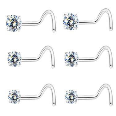 Imagem de hooppoo Brincos de nariz hipoalergênicos de titânio G23 com moissanita | Joia de piercing em forma de L e barra reta minúscula | Conjunto de 6 peças em 2 mm, 2,5 mm, 3 mm | Presente unissex, 20G