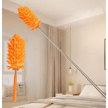 Imagem de Espanador de microfibra extensível com mastro - Ferramenta de limpeza de ventilador reutilizável para teto, lâminas, janelas e móveis, cabeça giratória de 360° (laranja)