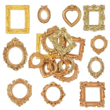 Imagem de Grevosea 10 porta-retratos vintage, pequenas molduras de resina douradas, retangulares, ovais, formas de coração, para pendurar na parede para decoração de parede para exibição de joias faça você