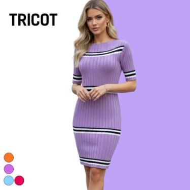 Imagem de Vestido Midi Tricot Listras Gola Alta - Vitrine Collection, Lilás, U