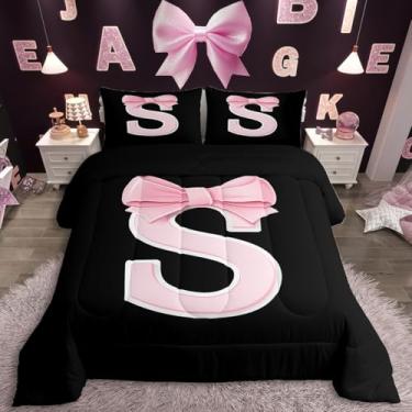 Imagem de jejeloiu Conjunto de edredom com laço rosa kawaii, presente para mulheres, adolescentes, tamanho casal, conjunto de cama com monograma preto e rosa, ultramacio, personalizado, letra P, edredom