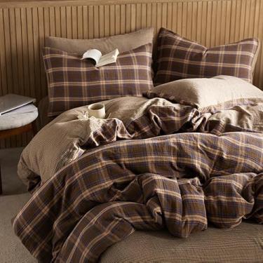 Imagem de EAVD Conjunto de edredom vintage, xadrez, tamanho king, marrom, azul e vermelho, macio, 100% algodão musselina, retrô, marrom, com 2 fronhas, conjunto de cama xadrez para todas as estações